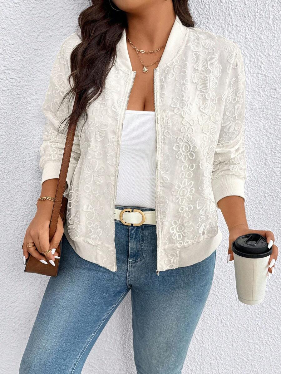 EMERY ROSE Jaqueta Bomber Feminina Plus Size Moda Oca Crochê Gola Redonda Solta Curta, Nova Jaqueta Estilosa Fina Versátil Simples