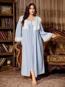 PalaceNights Palace Nights Embroidered Trim Patchwork Vintage Palace Style Plus Size Nightgown + Robe Set, Fall Clothes - Baby Blue - View 3