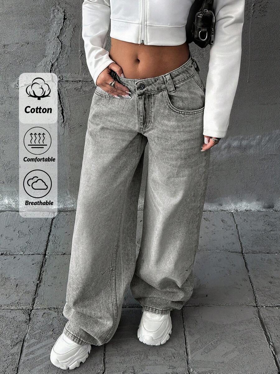RueChic 低腰 YSK 宽松阔腿牛仔裤 - 灰色 - 查看 1