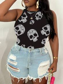 Slaydiva 万圣节加大码女式骷髅印花圆领紧身吊带背心和背心，适合夏季、万圣节服装、Y2K、街头服饰 - 彩色 - 查看 5