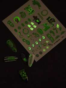 Beetlejuice X SHEIN 时尚夜光防水超薄自粘黑色和绿色指甲贴纸，无需紫外线灯指甲贴花，美甲 DIY 装饰，配饰自由搭配，哥特，角色扮演，哥特，万圣节 - 彩色 - 查看 4
