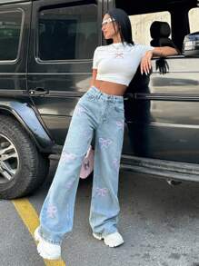 EURMUSE RueChic 100% Cotton HIGH RISE WIDELEG CUT BOW PRONTED Y2K YOUNG JEAN - Light Wash - View 3