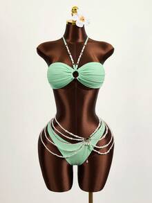 Swim Vcay Summer Beach Ring Linked Ruched Bust Halter Bikini Set - Green - View 5