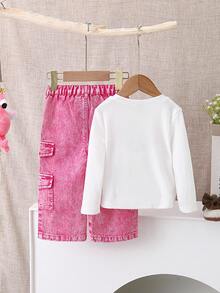 SHEIN Playful Pals Girls' White Casual Fitted Long Sleeve Round Neck T-Shirt With Cute 3D Butterfly Embroidered Denim Patch Design Girls' Pink Washed Casual Loose Multi-Pocket Design Cargo Denim Pants, Versatile And Fashionable For Everyday Wear Fall Winter