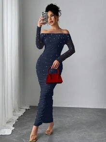 Firerie Elegantes weißes Damen Maxikleid mit Off-Shoulder Ausschnitt, Perlendekor, Rüschen, figurbetonter Passform, romantisch für Partys und Dates, Valentinstag - marineblau - Übersicht 8