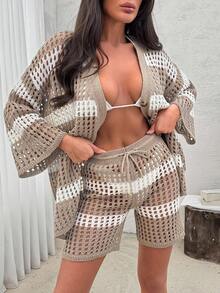 EURMUSE Plus Cover Up With Stribes With Beige Cardigan And Short Women Summer Clothing Women S Clothes Women S Summer Shirts Women Plus Clothing Business Casual Women Plus Clothing Formal - Beige - View 5