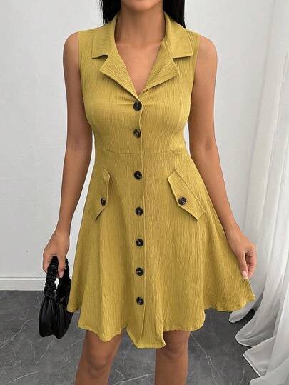 EURMUSE Ärmlös miniklänning med knappar framtill för kvinnor