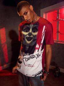 ANNABELLE x SHEIN Camiseta de manga corta con cuello redondo y bloqueo de color con figura gráfica de película de terror para hombres - Multicolor - Ver 5