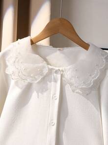 Teen Girl White Textured Fabric Blouse With Lace Collar, Elegant Casual Versatile Shirt For Back To School, Autumn/Winter