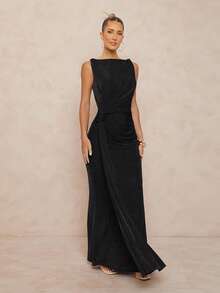 Lumalex 女式船领精致系带无袖A字喇叭裙 - 黑色 - 查看 8