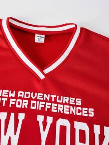 SHEIN Explorewe Casuvi 儿童女童两件套：条纹 V 领套头衫和纯色卷边休闲运动裤，字母印花，复古校园风格，适合户外、返校、春秋季休闲穿着 - 紅色 - 查看 7