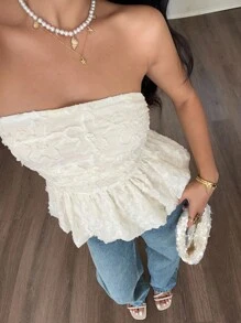 Serisse Women's Floral Ruched Hem Bandeau Crop Top Summer Casual - Beige - View 4