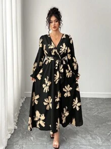 Elenzga Plus Size Women's V Neck Lantern Sleeve Waisted A-Line Maxi Dress, Autumn And Winter Fall Cloth For Women - Multicolor - View 3