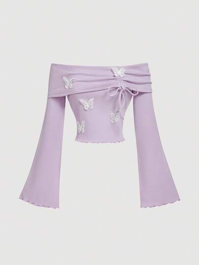 SHEIN MOD 女士淡紫色蝴蝶装饰抽绳露肩喇叭袖时尚T恤