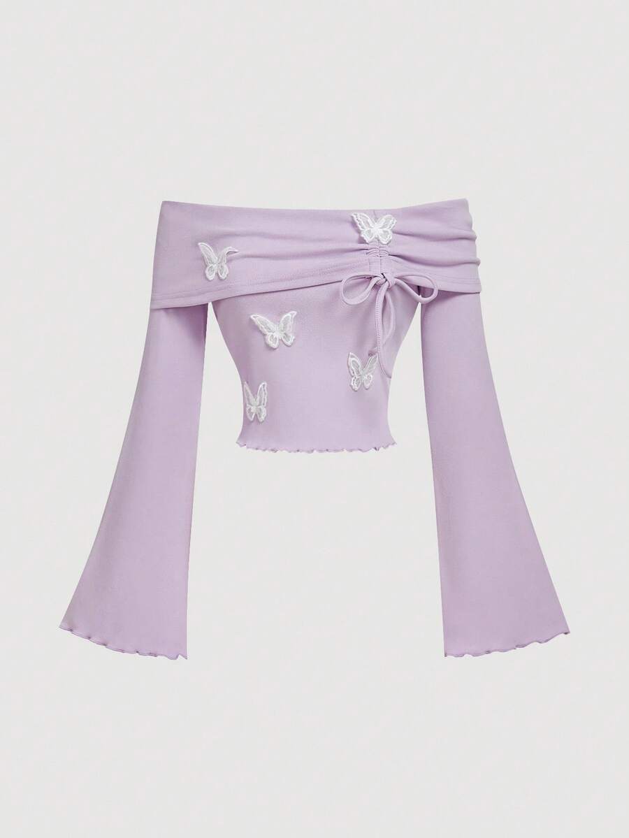 SHEIN MOD Áo thun nữ hở vai tay loe họa tiết bướm tím tử đinh hương thời trang - Màu Lilac Tím - Xem 1
