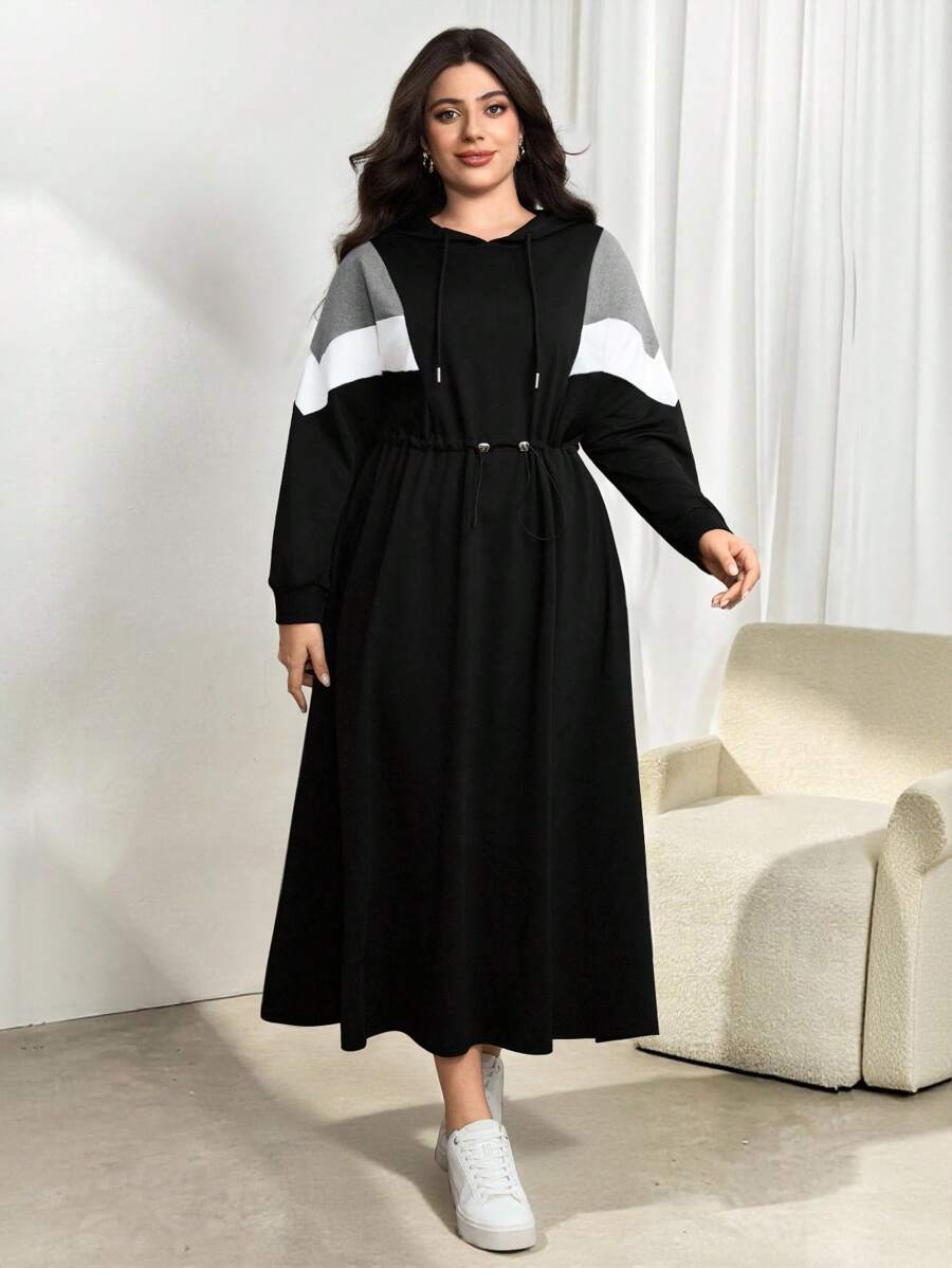 Modelyn Plus Size Women Long Sleeve Drawstring Casual Autumn/Winter Hooded Color Block Cinched Waist Dress Fall Cloth For Women - Black - View 1
