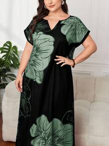 Modelyn فستان عربي أنيق بطبعات زهرية لأحجام كبيرة، صيفي - أخضر - مشاهدة 2