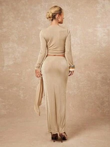Lumalex Conjunto de Outono/Inverno Modesto e Elegante com Glitter para Festas, Raves, Festivais, Passeios na Praia, Férias, Estilo Boêmio, Estilo Boho, para Uso Externo, com Camadas Ricas, Ideal para Casamentos, Banquetes, Formaturas, Cerimônias de Maioridade, Praia e Beira-Mar. Conjunto de 2 Peças em Veludo Brilhante com Aplicações de Miçangas, Blusa de Manga Longa com Detalhe Franzido e Saia com Bainha Ondulada na Cintura Baixa. Disponível em Bege e Nude. Conjunto Elegante de 2 Peças para Baile de Formatura, Eventos Especiais como Al-Adha e Festas de Ano Novo. - Castanho Café - Ver 3