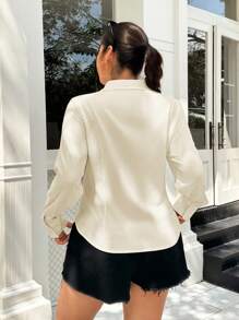 SHEIN EZwear Áo sơ mi dài tay ôm vừa vặn thời trang công sở đa năng dành cho nữ cỡ lớn - Màu be - Xem 2