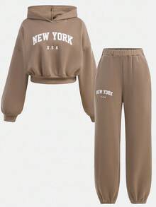 SHEIN 2pcs/Set Teen Girls Casual Letter Print Long Sleeve Crew Neck Sweatshirt And Sweatpants Set Teen 2 Piece Set Teen Girl Brown Set Teen Sweat Set New York Outfits Sweat Sets Tweens Comfy Fall Winter - Khaki - View 13