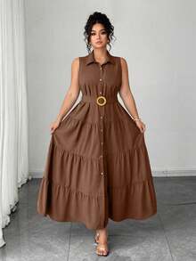 Elenzga 大码女式纯色休闲通勤前扣无袖衬衫裙，褶皱长裙，夏季 - 棕色 - 查看 3