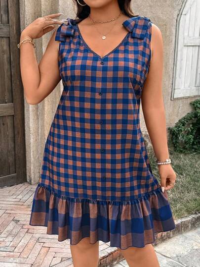 SHEIN LUNE Plus Size Plaid Ruffle Hem Casual Midi Dress Spring Outfits For Women Summer Outfits For Women Summer Clothes Easter Outfit Women Western Wear Women Summer Outfits For Women Summer Clothes Graduation Dress