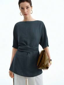 Aalyst 女士亚麻度假风格海滩风船领宽松 A 字腰系带长衬衫，适合休闲、通勤、春夏季 - 藏蓝色 - 查看 6