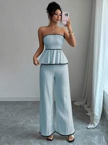 Elenzga Casual Fitted Ruffle Hem Bandeau Top And Wide Leg Pants Set - Blue - View 5