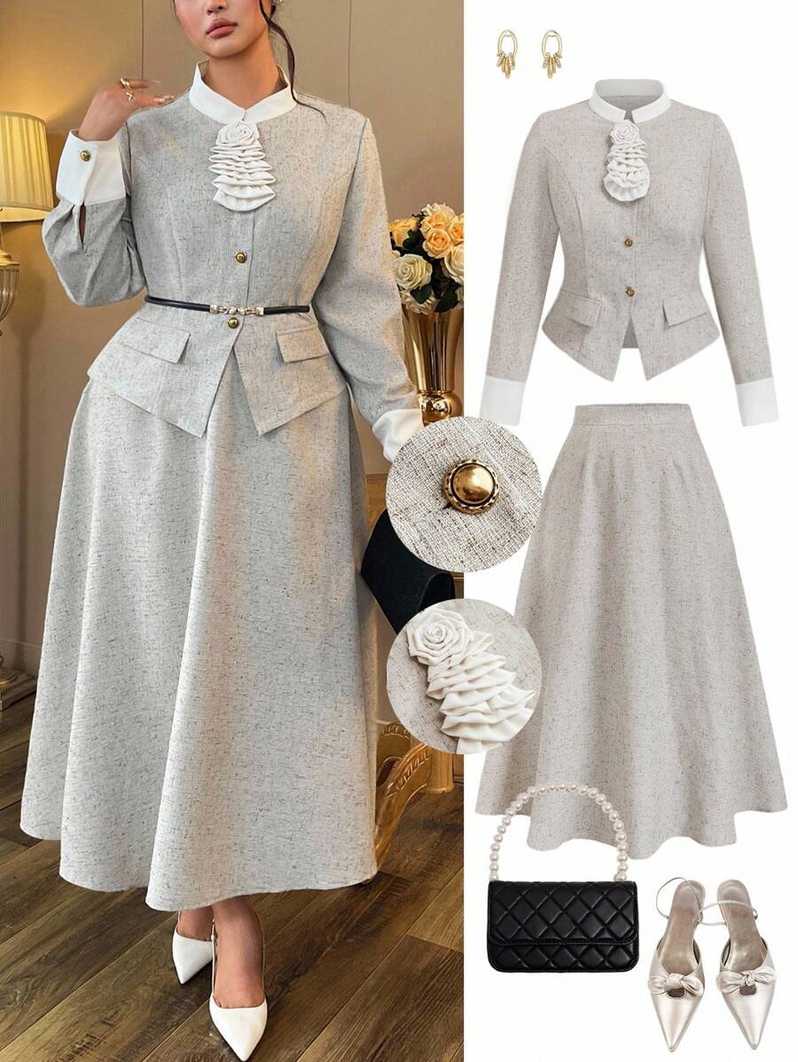 Auvina Bộ 2 món áo khoác dài tay ôm sát và chân váy chữ A cạp cao phong cách Pháp thanh lịch thời trang cỡ lớn cho nữ - Màu be - Xem 1