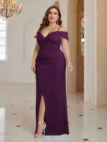 SHEIN Belle Plus Cold Shoulder Ruched Split Thigh Formal Dress - Purple - View 5