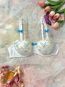 FloralLove Romantic, Fresh, Gentle, Sweet Embroidered Floral Balconette 1/2 Cup Underwire Bra With Adjustable Straps And Bow Accent, Women's Lingerie, Yellow Embroidered Bra - Yellow - View 1