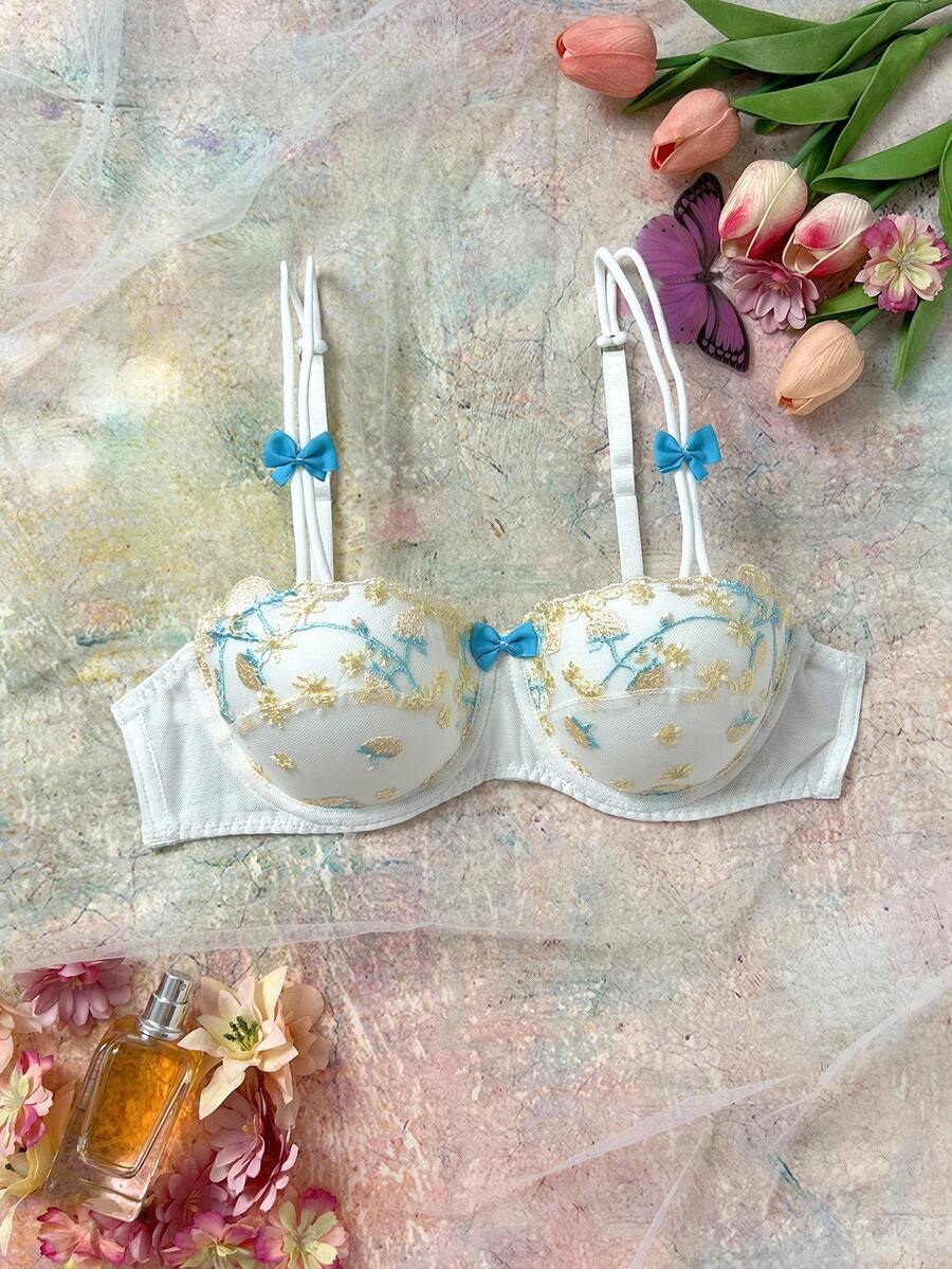 FloralLove Romantic, Fresh, Gentle, Sweet Embroidered Floral Balconette 1/2 Cup Underwire Bra With Adjustable Straps And Bow Accent, Women's Lingerie, Yellow Embroidered Bra - Yellow - View 1