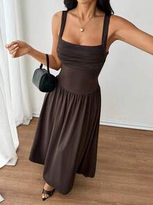 SHEIN PETITE 女式优雅纯色棕色咖啡色方领喇叭连衣裙，春夏 - 棕色 - 查看 4