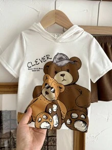 SHEIN Bé Trai Bé Gái Hoạt Hình Họa Tiết Gấu Có Mũ Trùm Đầu Áo Nỉ Tay Ngắn Có Huy Hiệu Trang Trí & Quần Short Thường Ngày 2 Cái/bộ - Cà phê nâu - Xem 3