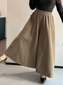 Dazy Plus Pantalones anchos de pierna ancha de unicolor con cintura elástica para mujer de talla grande, pantalones casuales de otoño