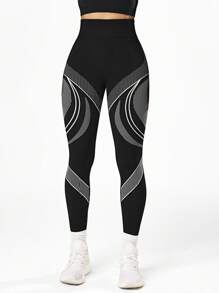 Easithlete Quần legging tập yoga họa tiết sọc liền mạch cạp cao màu đen cho nữ - màu đen - Xem 3