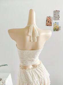 Soleia WYWH Women's Holiday Outfit, Cream White Textured Knit Fabric Lace Patchwork Halter Top & Tiered Lace Ruffle Mini Skirt Set, Suitable For Holiday, Date, Afternoon Tea, Beach Suit, Cruise, City Vacation, All Seasons, Music Festival, Boho Vacation, Can Be Worn Inside Or Outside Cream Two Piece Set Two Piece Skirt Set Summer Two Piece Set Summer Skirt Set - Beige - View 6