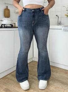 SHEIN MOD 大码蓝色休闲紧身喇叭牛仔裤 - 深色水洗藍 - 查看 4