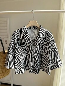 Comfortcana 大码休闲日常斑马纹前扣短袖衬衫 - 黑色 - 查看 1