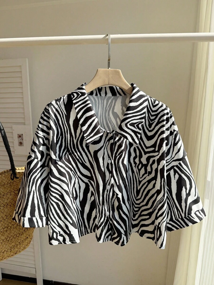 Comfortcana 大码休闲日常斑马纹前扣短袖衬衫 - 黑色 - 查看 1