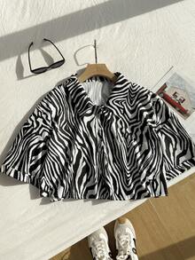 Comfortcana 大码休闲日常斑马纹前扣短袖衬衫 - 黑色 - 查看 5