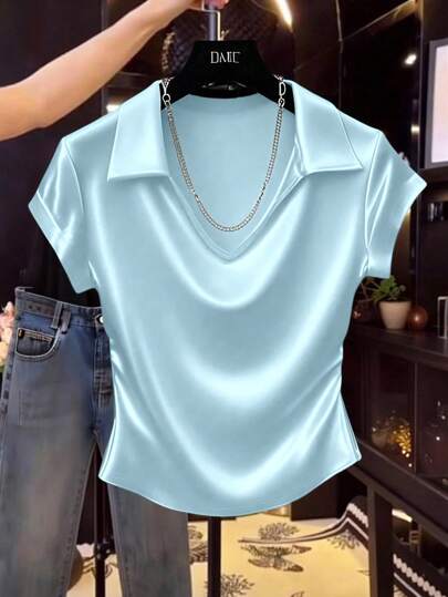 Franclia Women's Casual Solid Color Satin Shiny T-Shirt