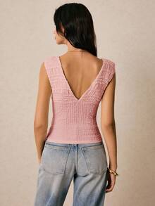 Poéselle Áo thun ôm sát cổ chữ V màu trơn đơn giản dành cho nữ - Hồng - Xem 5