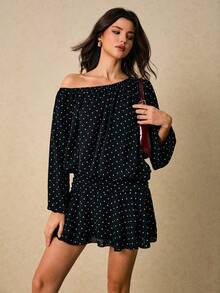 Poéselle 女式圆点印花露肩灯笼袖荷叶边下摆时尚迷你连衣裙 - 黑色 - 查看 8