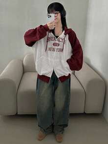 DAZY Women's Color Block Letter Reversible Zipper Hoodie Sweatshirt Fall/Winter