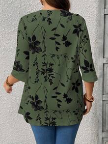 EMERY ROSE Summer Women's Floral Leaf Printed Patchwork 2 In 1 T-Shirt Graphic Tees Women Tops - Dark Green - View 2
