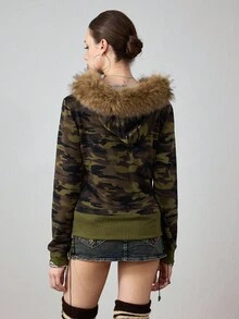 ROMWE Avant Y2K Baddie 美国国旗连帽运动衫，女式休闲修身款 - 軍綠色 - 查看 3