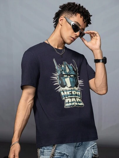 Transformers X SHEIN Men's Letter & Robot Graphic Round Neck Short Sleeve T-Shirt