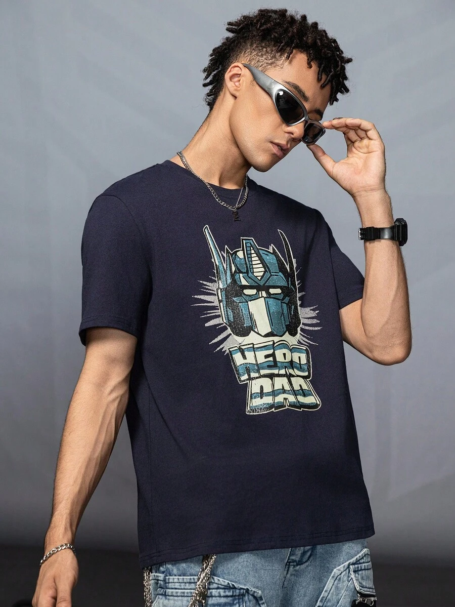 Transformers X SHEIN 男式字母与机器人图案圆领短袖T恤 - 藍色 - 查看 1