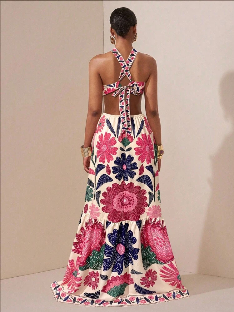 Zivah Temporada de bodas de la nueva ola 2025 Estilo simio Colorido vacaciones Diario Cita Fiesta de cumpleaños Cuello halter cruzado Pecho hueco expuesto Cintura Espalda con tirantes Decorado con lazo en el bajo - Rosa Fucsia - Añade 2